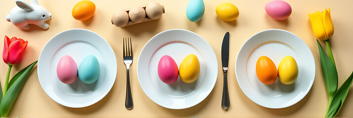 Colorful Easter eggs sit atop empty plates with cutlery, surrounded by ceramic bunnies, tulips, and a wooden egg holder on a soft beige background._00001_