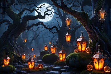Halloween background with pumpkin hand drawn watercolor jack o pumpkin lanterns in spooky graveyard at Night. 