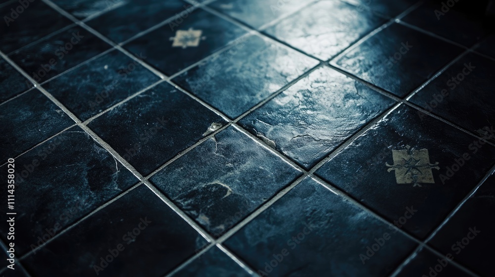 Poster close-up view of a dark vintage tiled floor, capturing the intricate patterns and textures. the dark