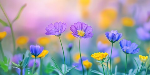 Fototapeta premium Vibrant Wildflower Scene Stunning Meadow of Violet and Yellow Clover. Perfect for Use in Design Projects and Wall Art Decor.