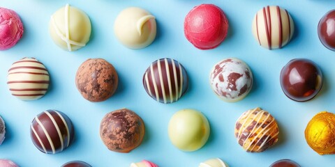 Obraz premium Top view of gourmet hocolate pralines delicately arranged on a pale blue background