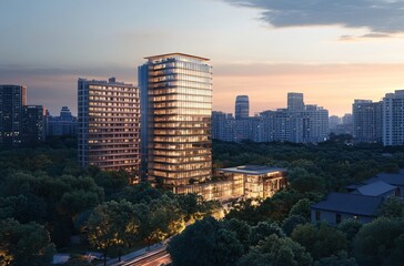 Obraz premium Aerial view of a city at night showcasing a solitary apartment building and office towers with illuminated facades, highlighting the vibrant real estate and commercial districts of the urban skyline.