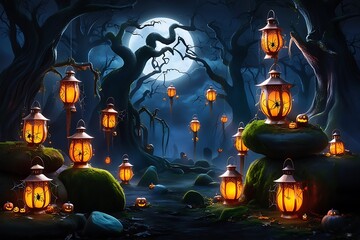 Halloween background with pumpkin hand drawn watercolor jack o pumpkin lanterns in spooky graveyard at Night. 