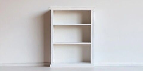 Fototapeta premium A white wooden bookshelf cabinet stands against a light wall backdrop, providing a perfect space for text. It embodies a stylish concept for home decor and interior design.