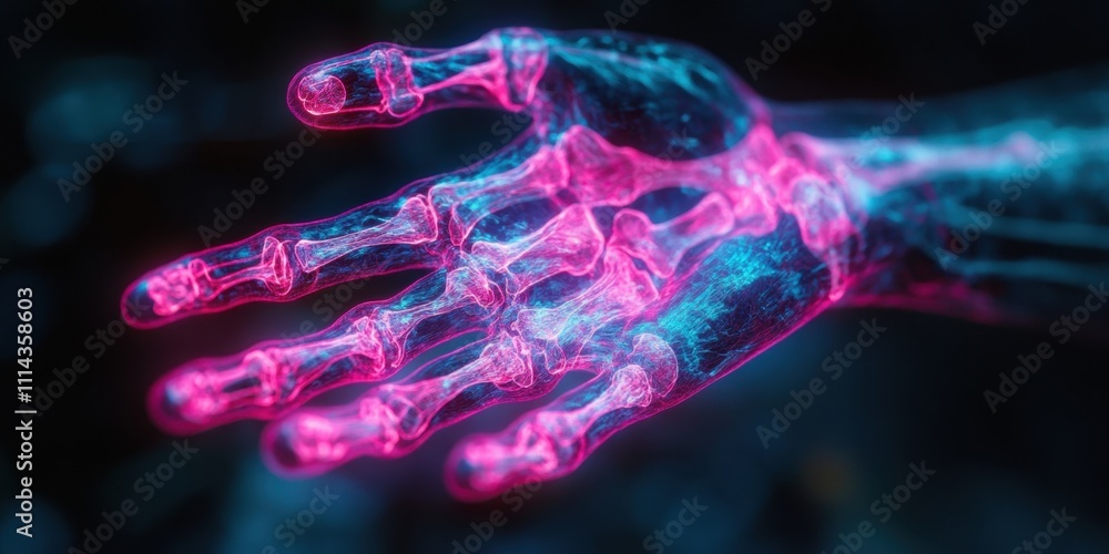 Poster glowing digital hand showcasing intricate details in a vibrant array of neon colors during a futuris