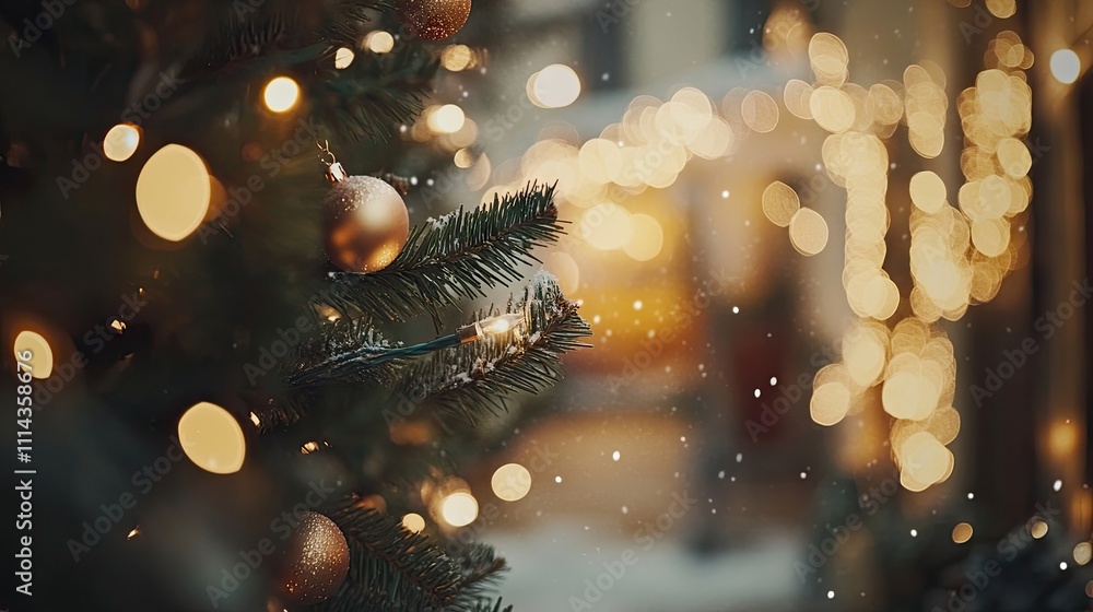 Poster Vintage Christmas background with charming bokeh effects and gentle snowfall, creating a nostalgic atmosphere perfect for festive designs and seasonal themes. Ideal for various projects.