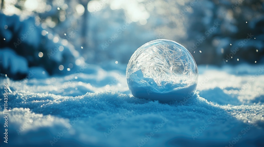 Poster a large broken snow globe rests on a snow-covered ground, creating a scene of winter wonder. the sno