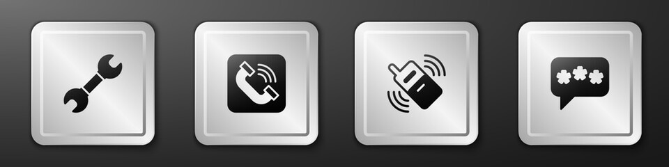 Set Wrench spanner, Telephone handset, Mobile and Speech bubble chat icon. Silver square button. Vector