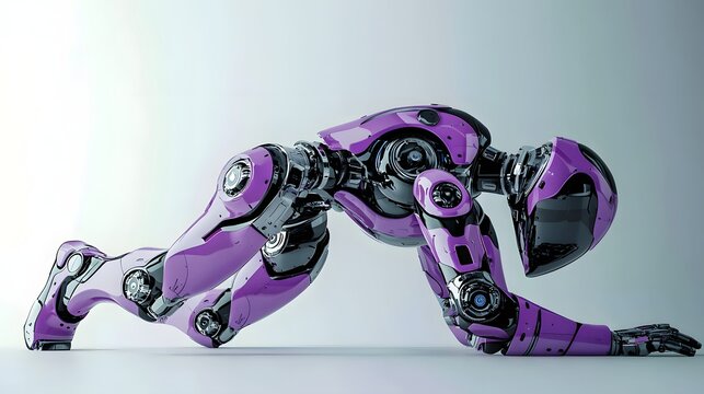 Soft Purple Robot in a Side-Stretch Pose on a Grey Background, Expanding Technological Horizons