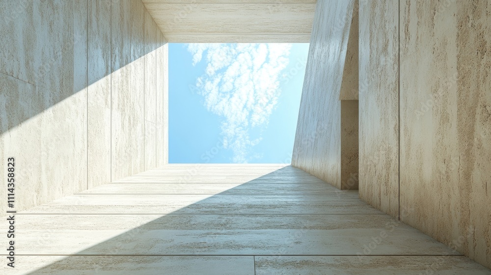 Poster extreme close-up perspective revealing a tall window wall that ascends towards the sky, creating a s
