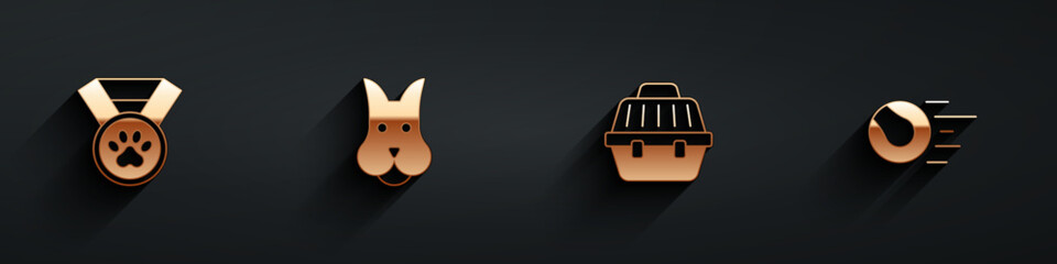 Set Pet award symbol, Dog, carry case and toys ball icon with long shadow. Vector