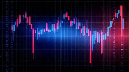 Abstract financial chart showing stock market trends with red and blue candlestick patterns on dark background.