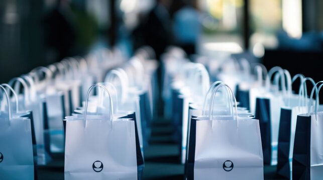 Shopping bags with company logos arranged in rows, ready for distribution at a promotional event