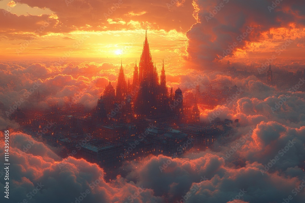 Poster a futuristic metropolis floating in the sky, with skyscrapers and buildings made of cloud-like mater