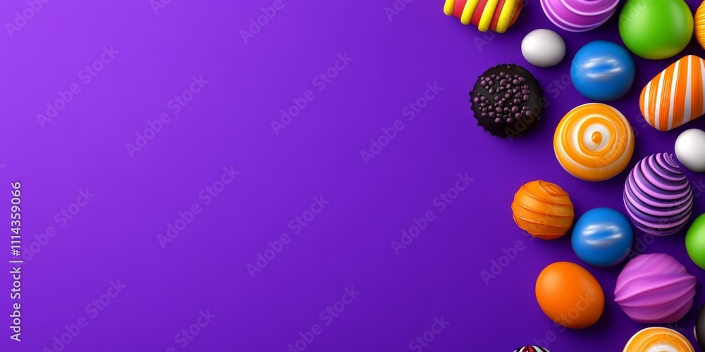 Poster purple background with a bunch of colorful candy on it. the candy is in various shapes and sizes, an