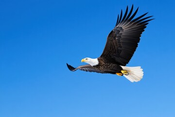 Obraz premium Majestic Bald Eagle Soaring Through Clear Blue Sky