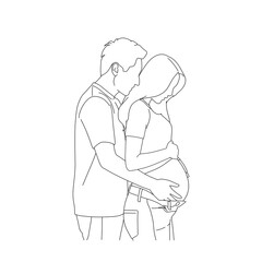 Pregnant couple hug baby bump lineart