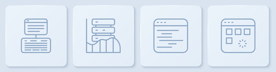 Set line Server, Data, Web Hosting, Software, and Loading data window. White square button. Vector