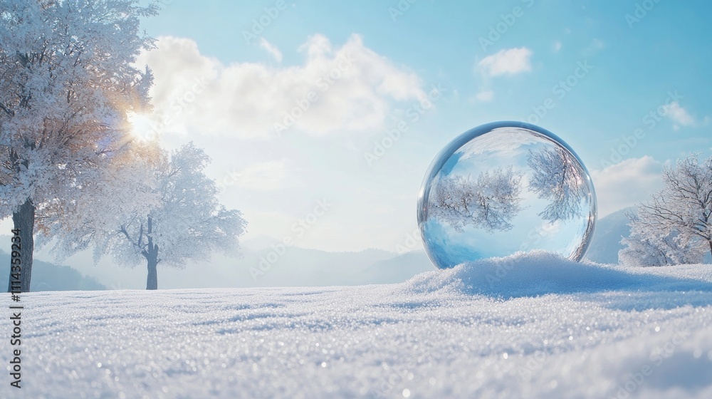 Poster a large broken snow globe rests on a snow-covered ground, creating a scene of winter wonder. the sno