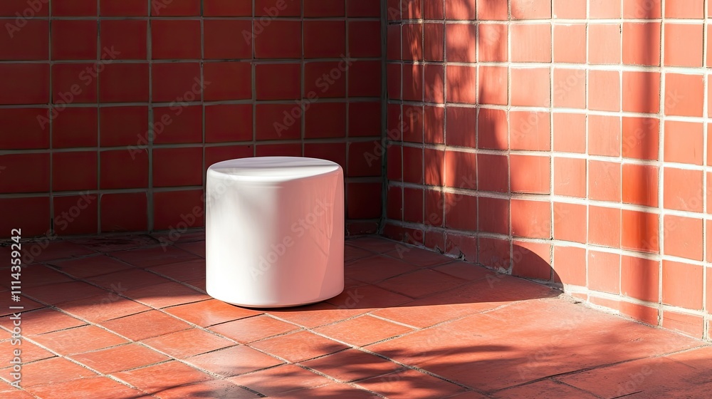Poster a white plastic stool is positioned on a red brick floor, creating an ideal setting for product disp