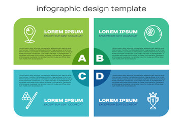 Set line Billiard cue and ball, Location with bowling, Award cup and . Business infographic template. Vector