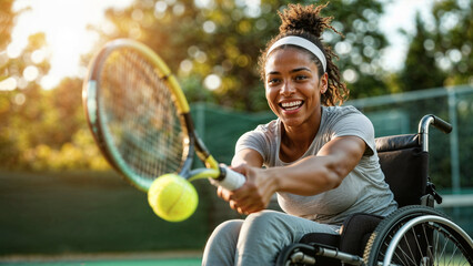 Positive young adult female Afro American tennis player in wheelchair hitting ball with racket, smiling at sunset. Disabled black woman playing tennis on court. Disability empowerment, Inclusion