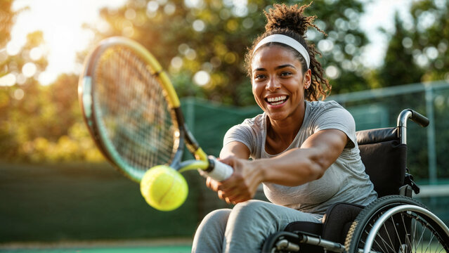 Positive young adult female Afro American tennis player in wheelchair hitting ball with racket, smiling at sunset. Disabled black woman playing tennis on court. Disability empowerment, Inclusion