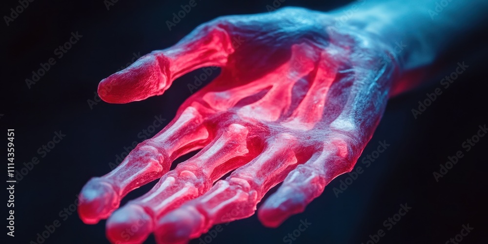 Poster illuminated skeletal hand with vivid colors in a dark setting during an artistic display