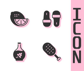 Set Sauna brush, Lemon, Essential oil bottle and slippers icon. Vector