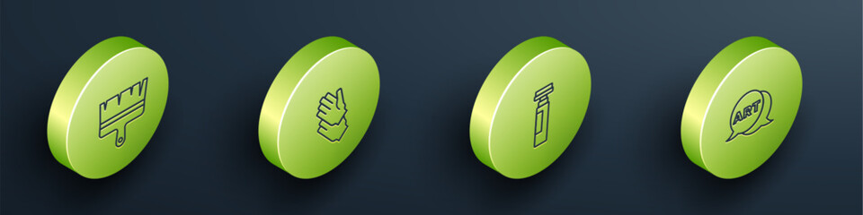 Set Isometric line Paint brush, Rubber gloves, Marker pen and Speech bubble with text art icon. Vector