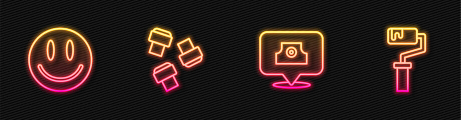 Set line Spray can nozzle cap, Smile face, Marker pen attachment and Paint roller brush. Glowing neon icon. Vector