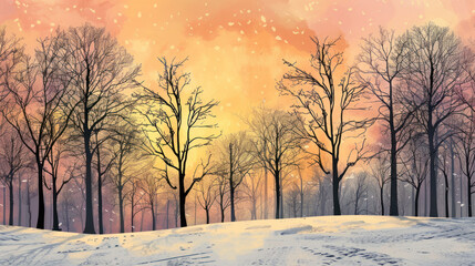 Silhouetted winter forest with bare branches under a golden-pink sunset sky, capturing the beauty of winter