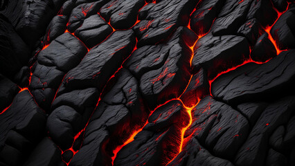Obraz premium Cracked volcanic surface with glowing lava flows between dark, textured rocks. Intense and dynamic design ideal for energy, geology, or natural disaster themes.