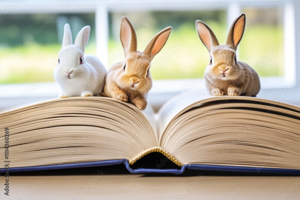 Poster three rabbits perched on top of an open book, a unique and imaginative scene