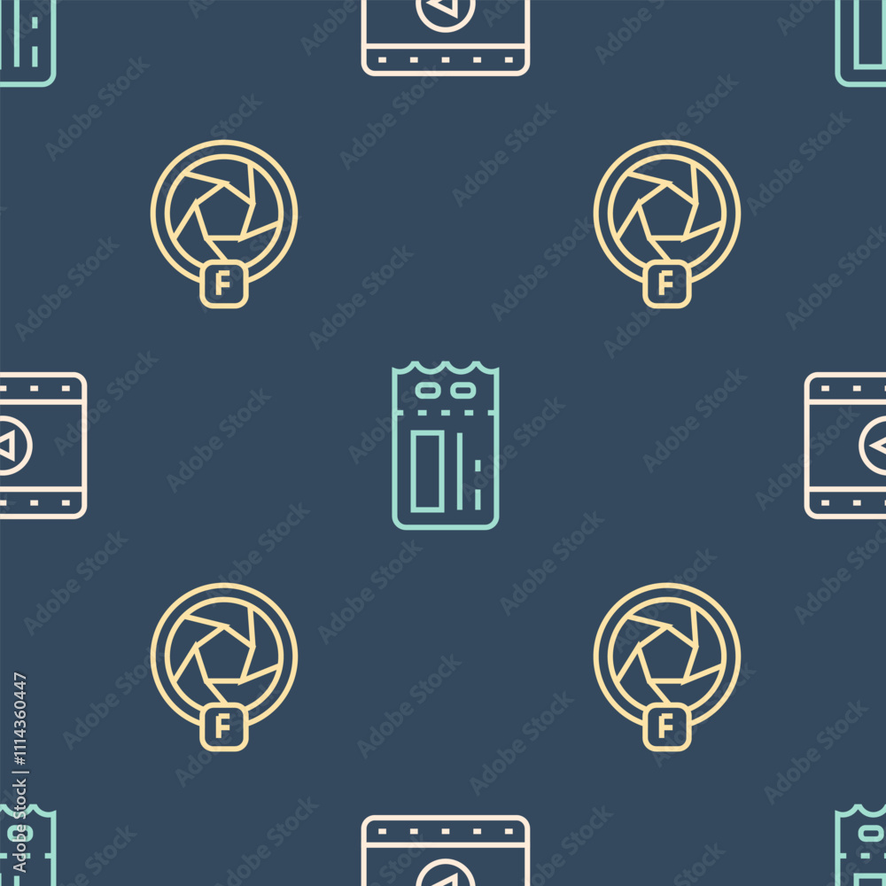 Poster set line play video, camera shutter and cinema ticket on seamless pattern. vector