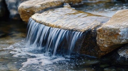 Capturing the beauty of dynamic cascading water, this image highlights the fluid motion and grace of water in a serene setting, with ample photo style copy space included.