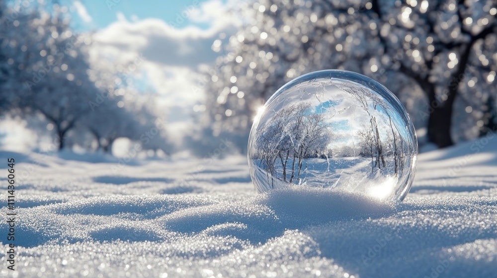 Poster a large broken snow globe rests on a snow-covered ground, creating a scene of winter wonder. the sno