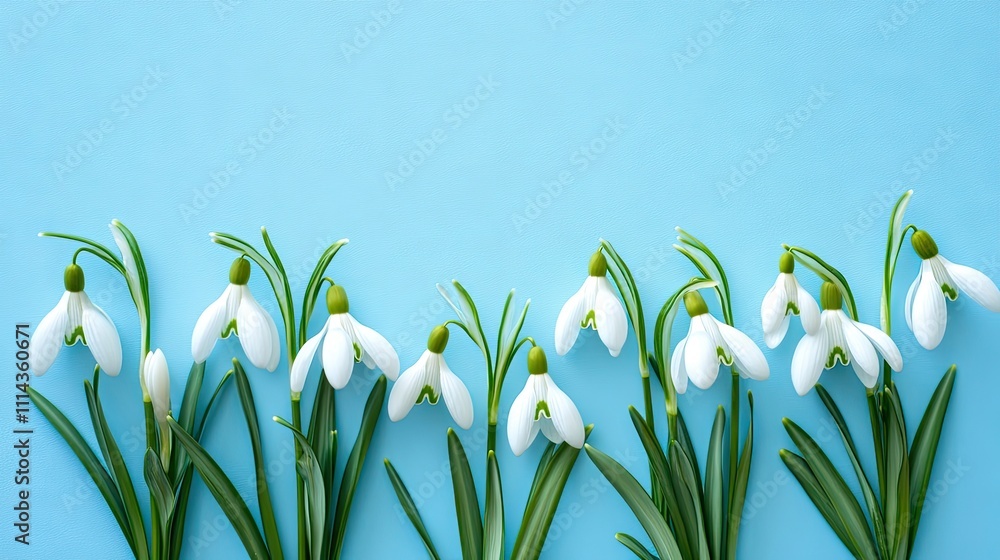 Poster elegant snowdrop flowers arranged on a solid color background create a beautifully serene scene. thi