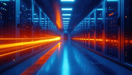 Data Center Corridor with Orange and Blue Lights