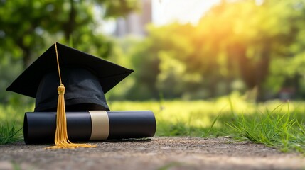 Graduation cap and diploma symbolizing achievement and new beginnings under warm sunlight.