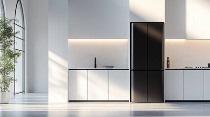 realistic kitchen with a black and white and dark gray cabinet, a light luxury interior design