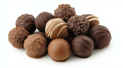 Assorted chocolate truffles with different textures on a white background.