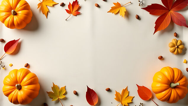 Autumnal landscape with small pumpkins, leaves, and natural elements on a beige fabric backdrop suitable for harvest and fall themes._00001_