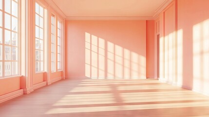 Fototapeta premium Bright vacant room decorated in soft pastel peach color, highlighting the serene ambiance. This vacant room offers ample photo space for potential styling and design concepts.