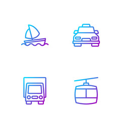 Set line Cable car, Delivery cargo truck, Yacht sailboat and Taxi. Gradient color icons. Vector