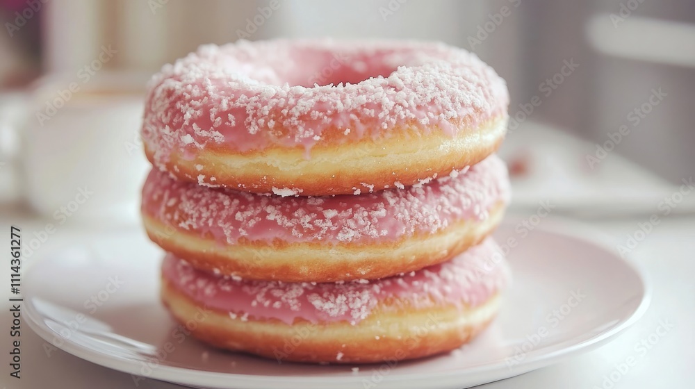 Poster a delectable stack of donuts rests on a white plate, creating an inviting display. this photo of don