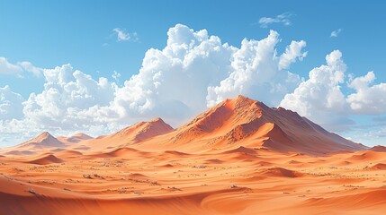 Naklejka premium Expansive desert dunes under a vivid blue sky with puffy clouds