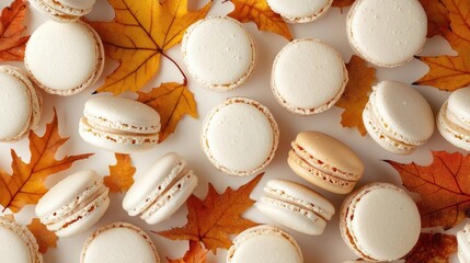 Fototapeta premium Delight in the charm of French macaroon fall dessert presented in a top view flat lay, creating an inviting autumn background that beautifully complements the French macaroon theme.