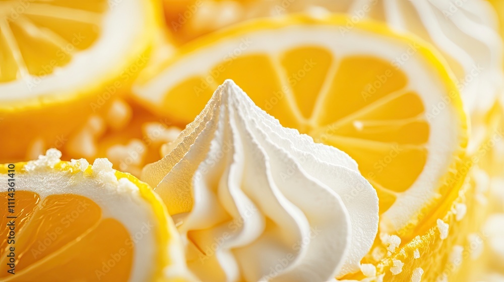 Poster close-up of a vibrant and delightful lemon meringue tart dessert emphasizing its sweetness and color