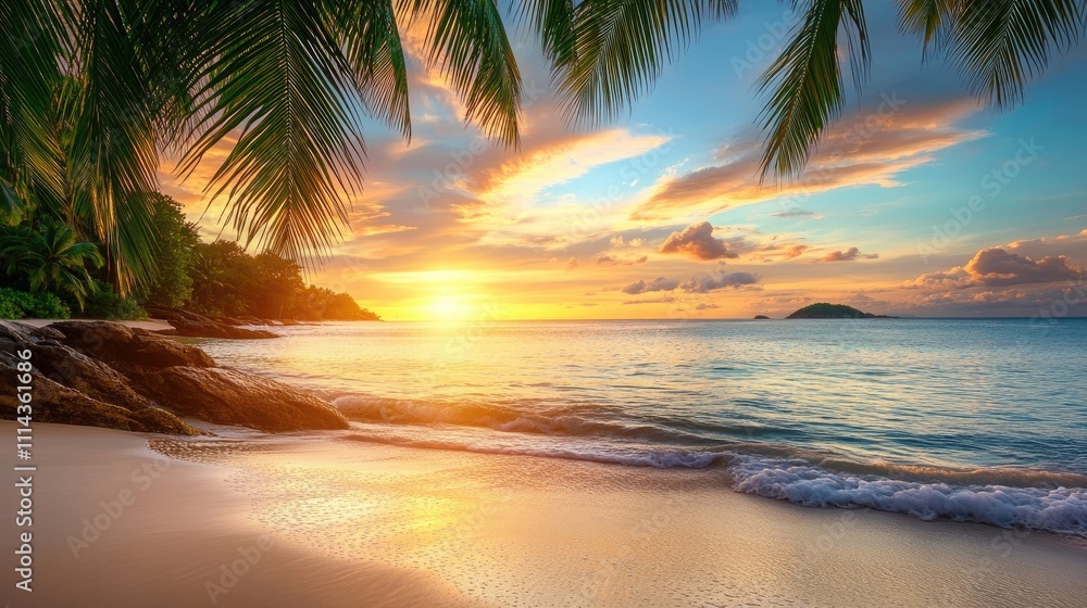 Poster sunset light illuminates a tranquil palm beach, creating a serene evening atmosphere perfect for a r